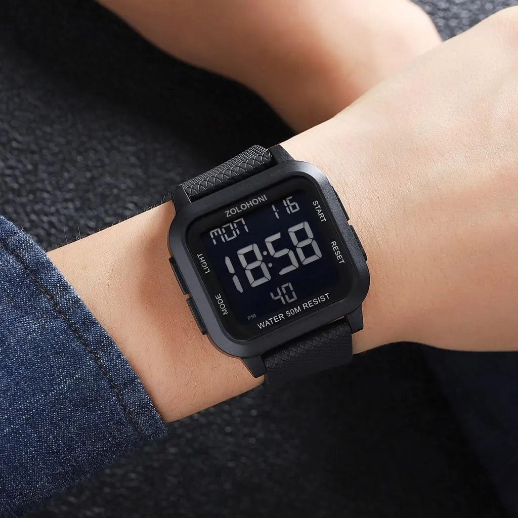 Mens Digital Watch for Men, Stainless Steel Square Watches, Mens Wrist Watches Waterproof Large Face Dual Time Date Watch