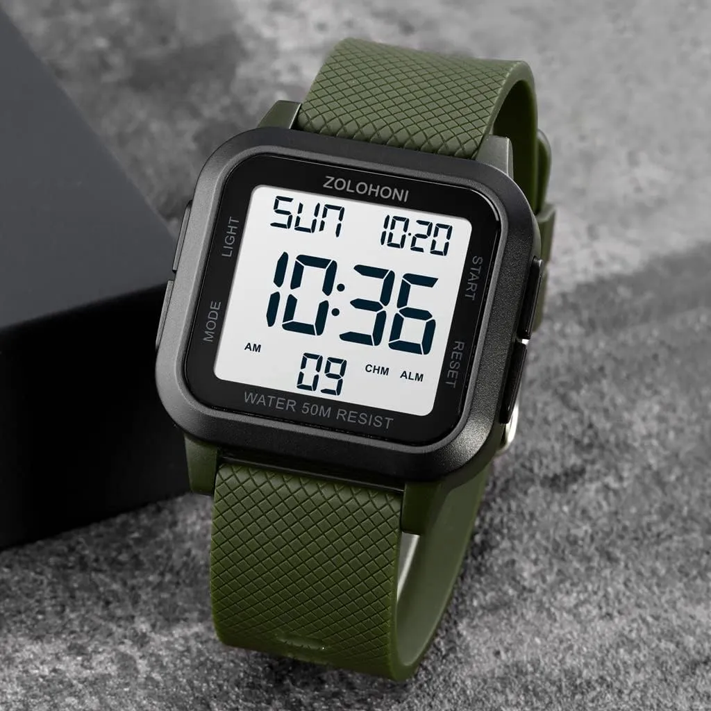 Mens Digital Watch for Men, Stainless Steel Square Watches, Mens Wrist Watches Waterproof Large Face Dual Time Date Watch
