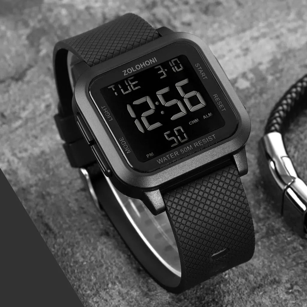 Mens Digital Watch for Men, Stainless Steel Square Watches, Mens Wrist Watches Waterproof Large Face Dual Time Date Watch
