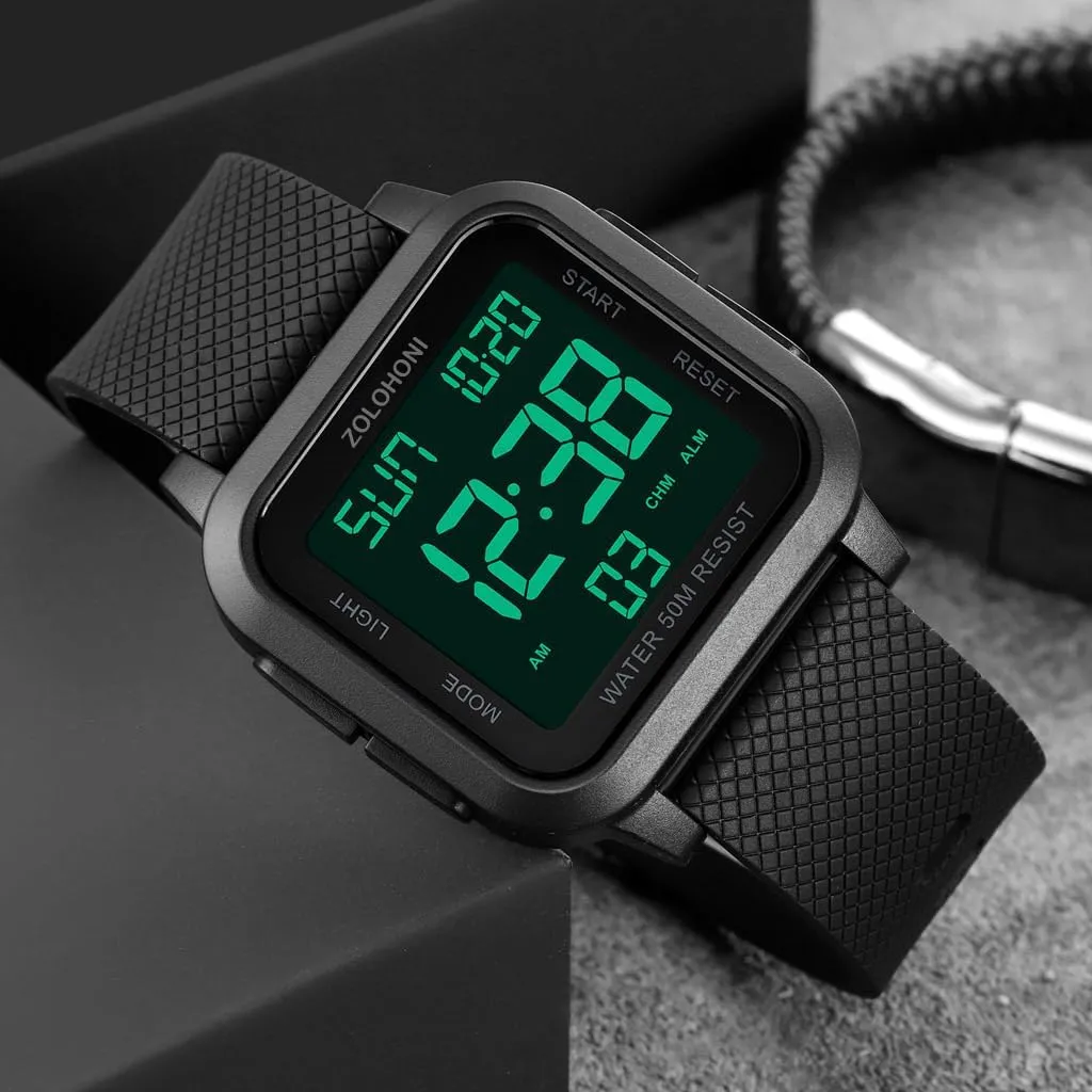 Mens Digital Watch for Men, Stainless Steel Square Watches, Mens Wrist Watches Waterproof Large Face Dual Time Date Watch