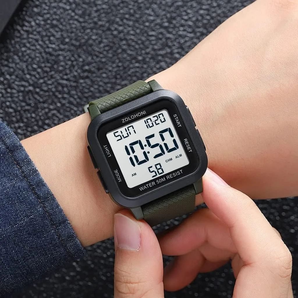 Mens Digital Watch for Men, Stainless Steel Square Watches, Mens Wrist Watches Waterproof Large Face Dual Time Date Watch