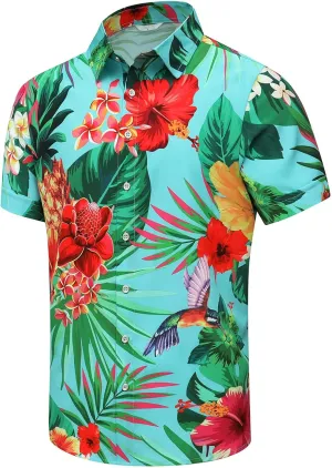 Men's Hawaiian Shirt Funky Blue Beach Printed Tropical Beach Shirt Casual Button Down Short Sleeve Floral Shirts Tops