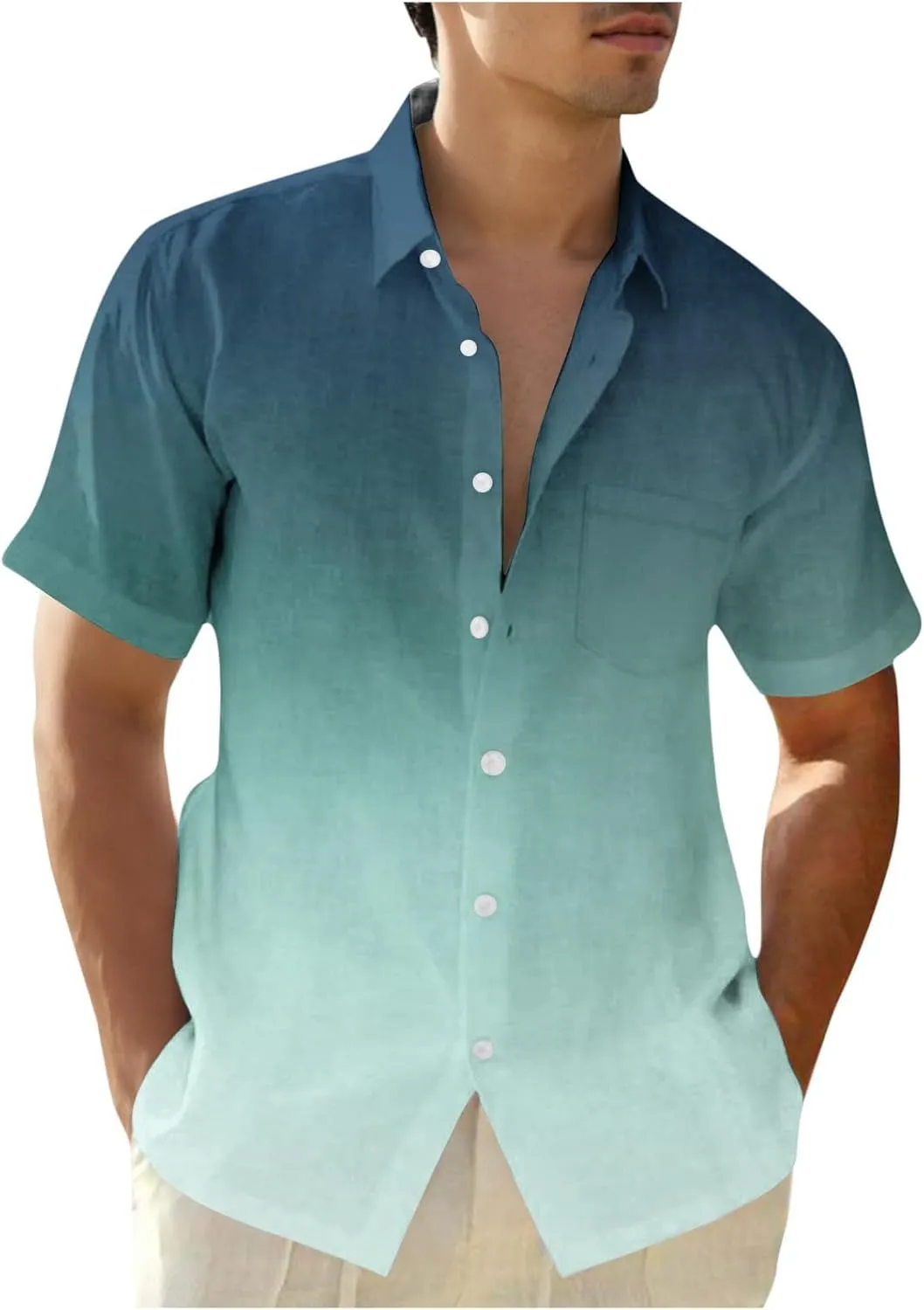Mens Hawaiian Short Sleeve Gradient Shirts Summer Casual Button Down Shirt Fashion Tropical Vacation Lapel Shirts