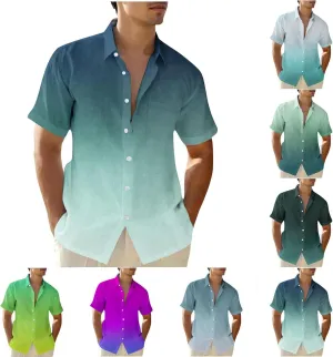 Mens Hawaiian Short Sleeve Gradient Shirts Summer Casual Button Down Shirt Fashion Tropical Vacation Lapel Shirts