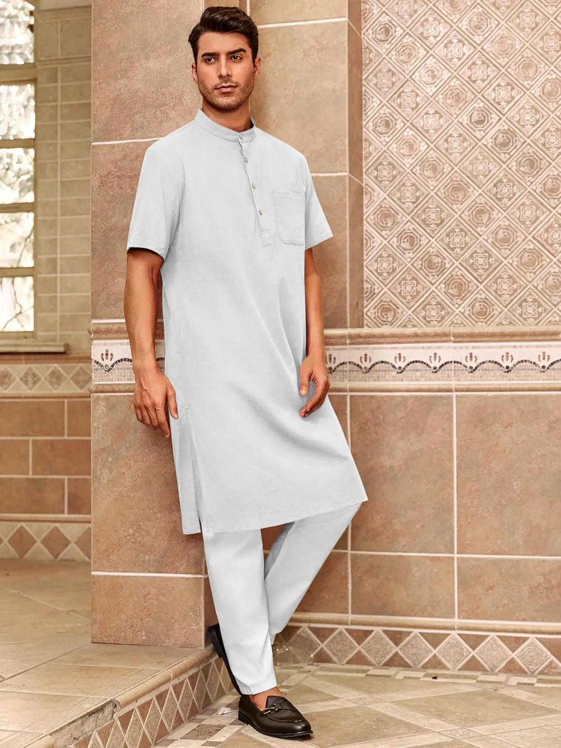 Mens Kurta Cotton Linen Henley Shirts Kaftan Short Sleeve Lounge Plain Gown Shirt