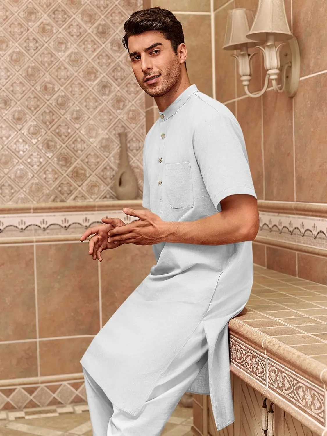 Mens Kurta Cotton Linen Henley Shirts Kaftan Short Sleeve Lounge Plain Gown Shirt
