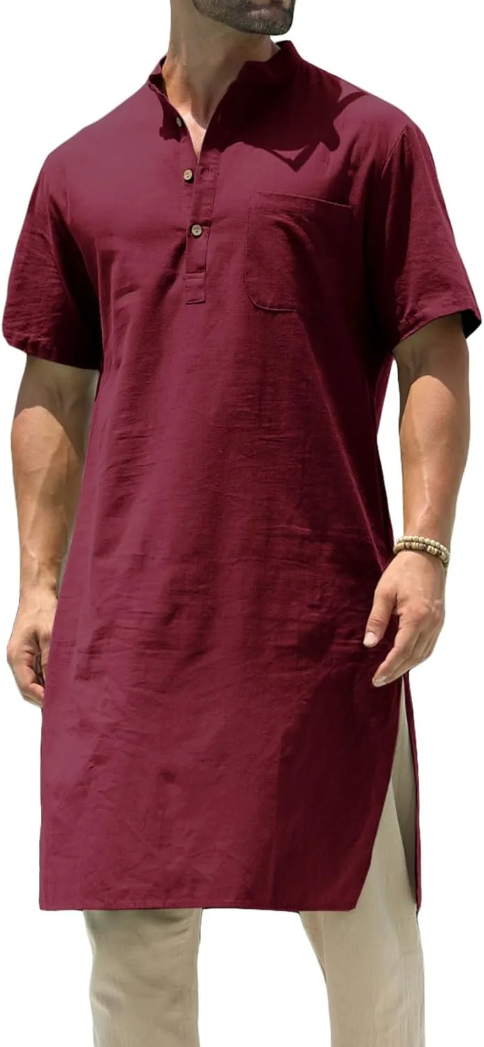 Mens Kurta Cotton Linen Henley Shirts Kaftan Short Sleeve Lounge Plain Gown Shirt