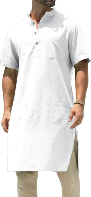 Mens Kurta Cotton Linen Henley Shirts Kaftan Short Sleeve Lounge Plain Gown Shirt