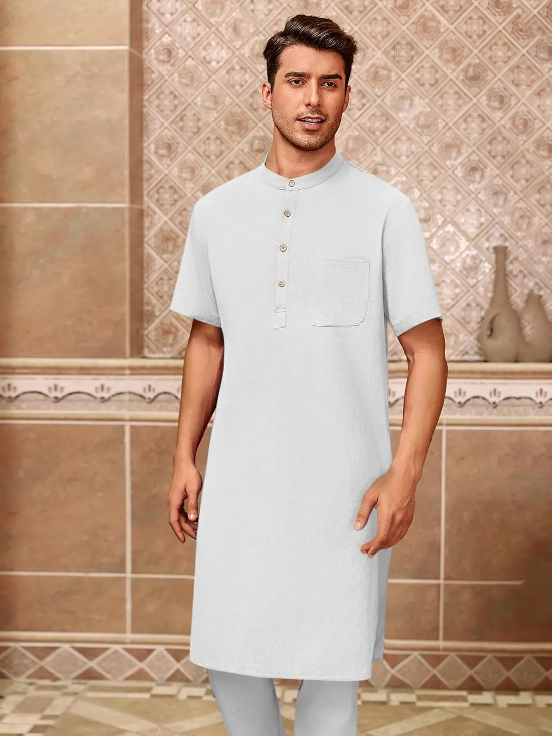 Mens Kurta Cotton Linen Henley Shirts Kaftan Short Sleeve Lounge Plain Gown Shirt