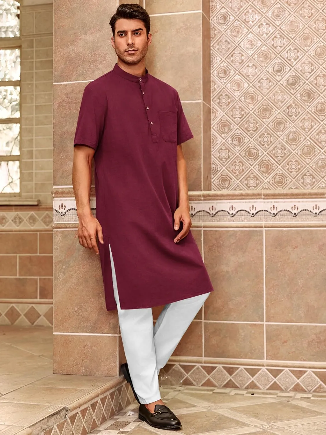 Mens Kurta Cotton Linen Henley Shirts Kaftan Short Sleeve Lounge Plain Gown Shirt