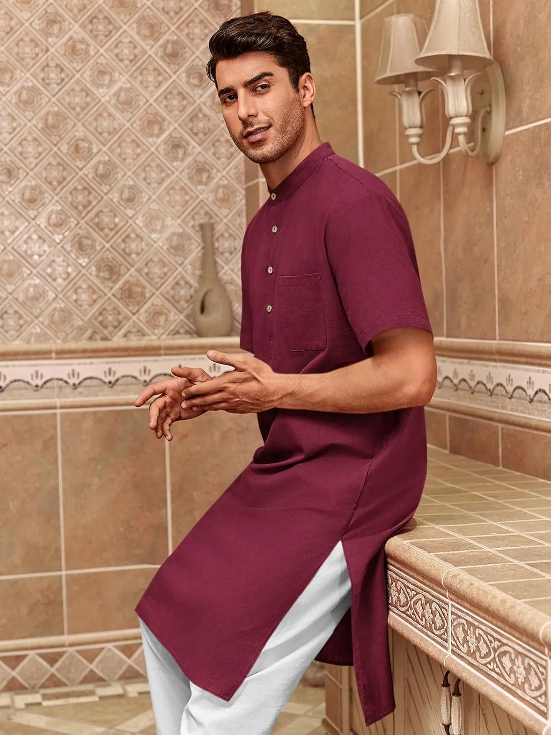 Mens Kurta Cotton Linen Henley Shirts Kaftan Short Sleeve Lounge Plain Gown Shirt