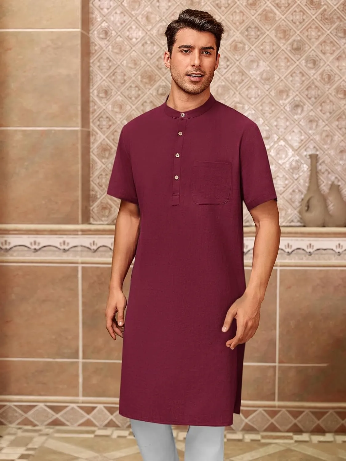 Mens Kurta Cotton Linen Henley Shirts Kaftan Short Sleeve Lounge Plain Gown Shirt