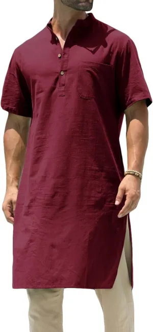 Mens Kurta Cotton Linen Henley Shirts Kaftan Short Sleeve Lounge Plain Gown Shirt