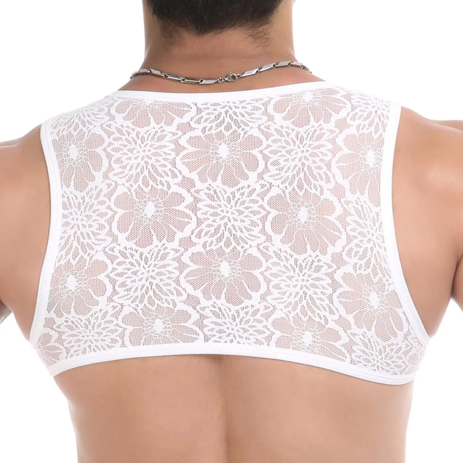 Men's Lace Floral Muscle Tank Top Round Neck Mesh Undershirt Semi Transparent Vest Singlet Gym Man Birthday