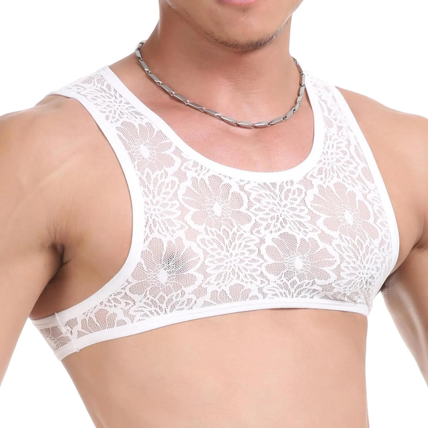 Men's Lace Floral Muscle Tank Top Round Neck Mesh Undershirt Semi Transparent Vest Singlet Gym Man Birthday