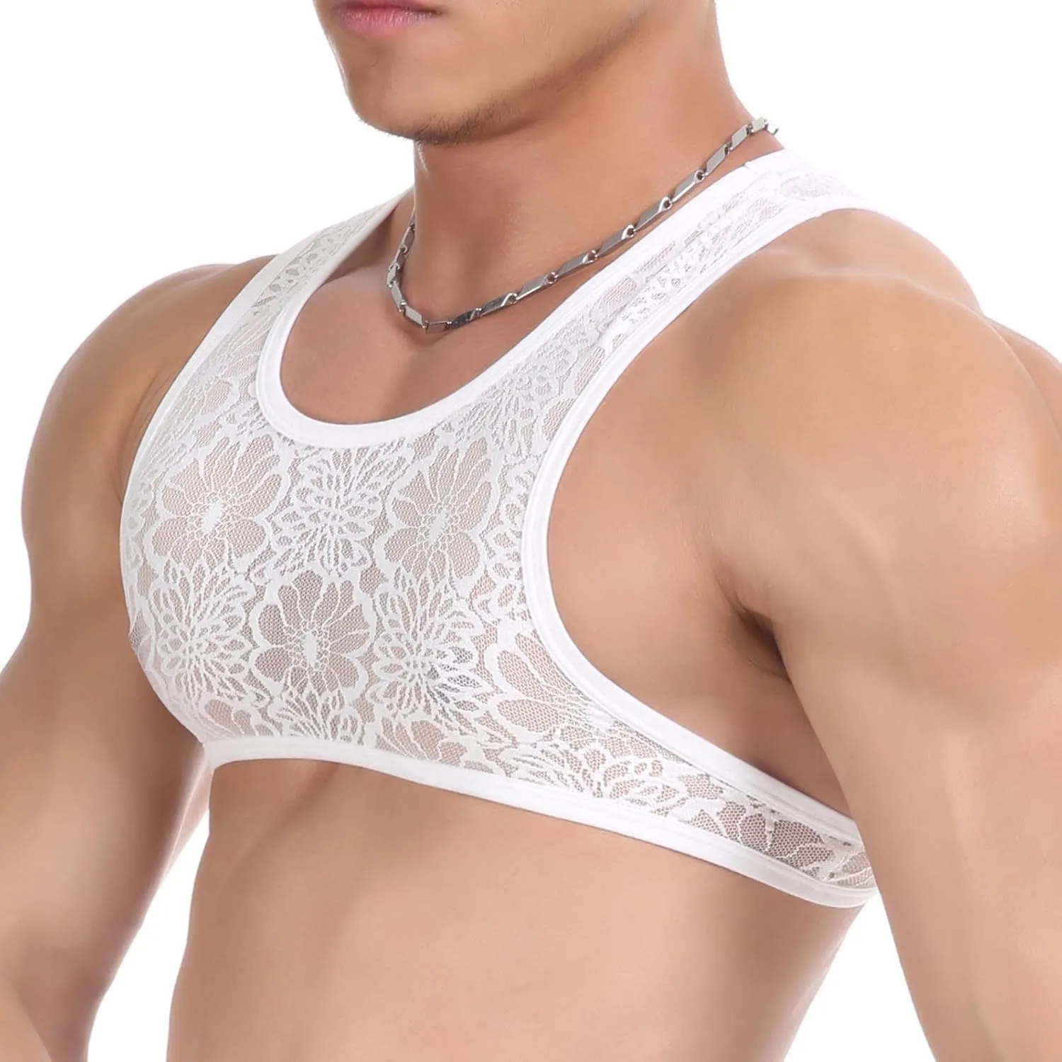 Men's Lace Floral Muscle Tank Top Round Neck Mesh Undershirt Semi Transparent Vest Singlet Gym Man Birthday