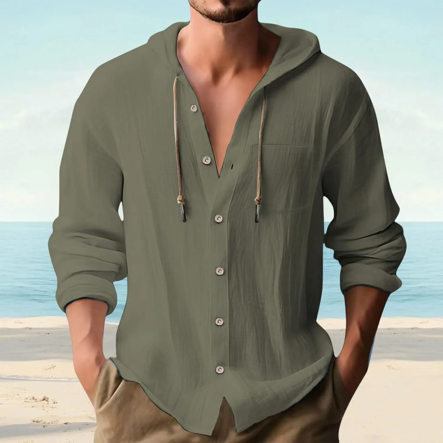 Men's Linen Shirts Long Sleeve Summer Button Down Drawstring Shirt with Hooded Hawaiian Fashion Outfits