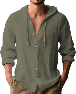 Men's Linen Shirts Long Sleeve Summer Button Down Drawstring Shirt with Hooded Hawaiian Fashion Outfits