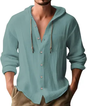 Men's Linen Shirts Long Sleeve Summer Button Down Drawstring Shirt with Hooded Hawaiian Fashion Outfits