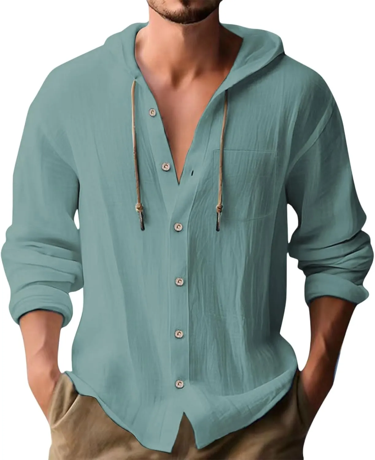 Men's Linen Shirts Long Sleeve Summer Button Down Drawstring Shirt with Hooded Hawaiian Fashion Outfits