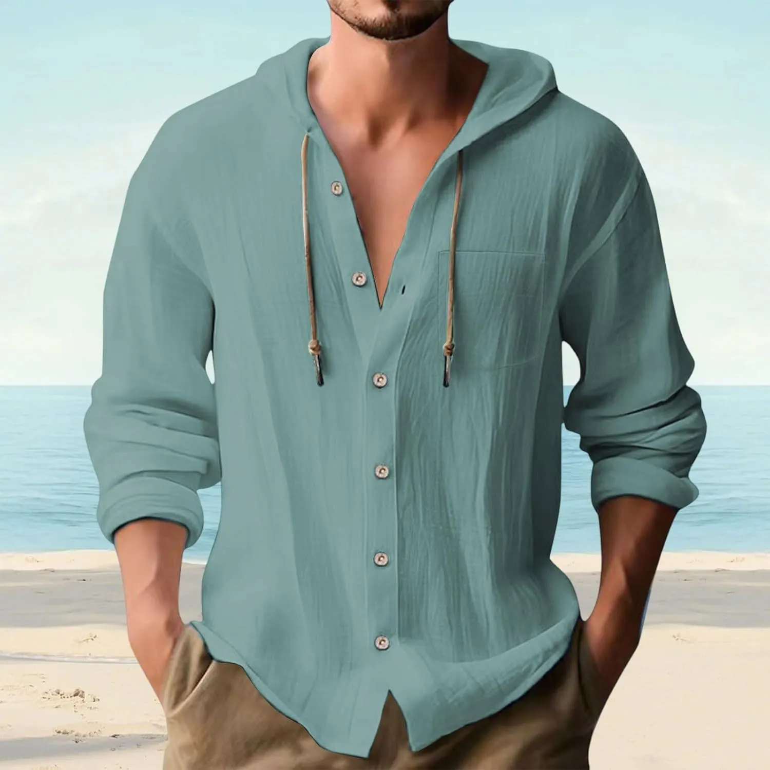 Men's Linen Shirts Long Sleeve Summer Button Down Drawstring Shirt with Hooded Hawaiian Fashion Outfits