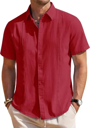 Mens Linen Shirts Short Sleeve Button Down Shirt Casual Cuban Guayabera Lightweight Summer Beach Solid Tops