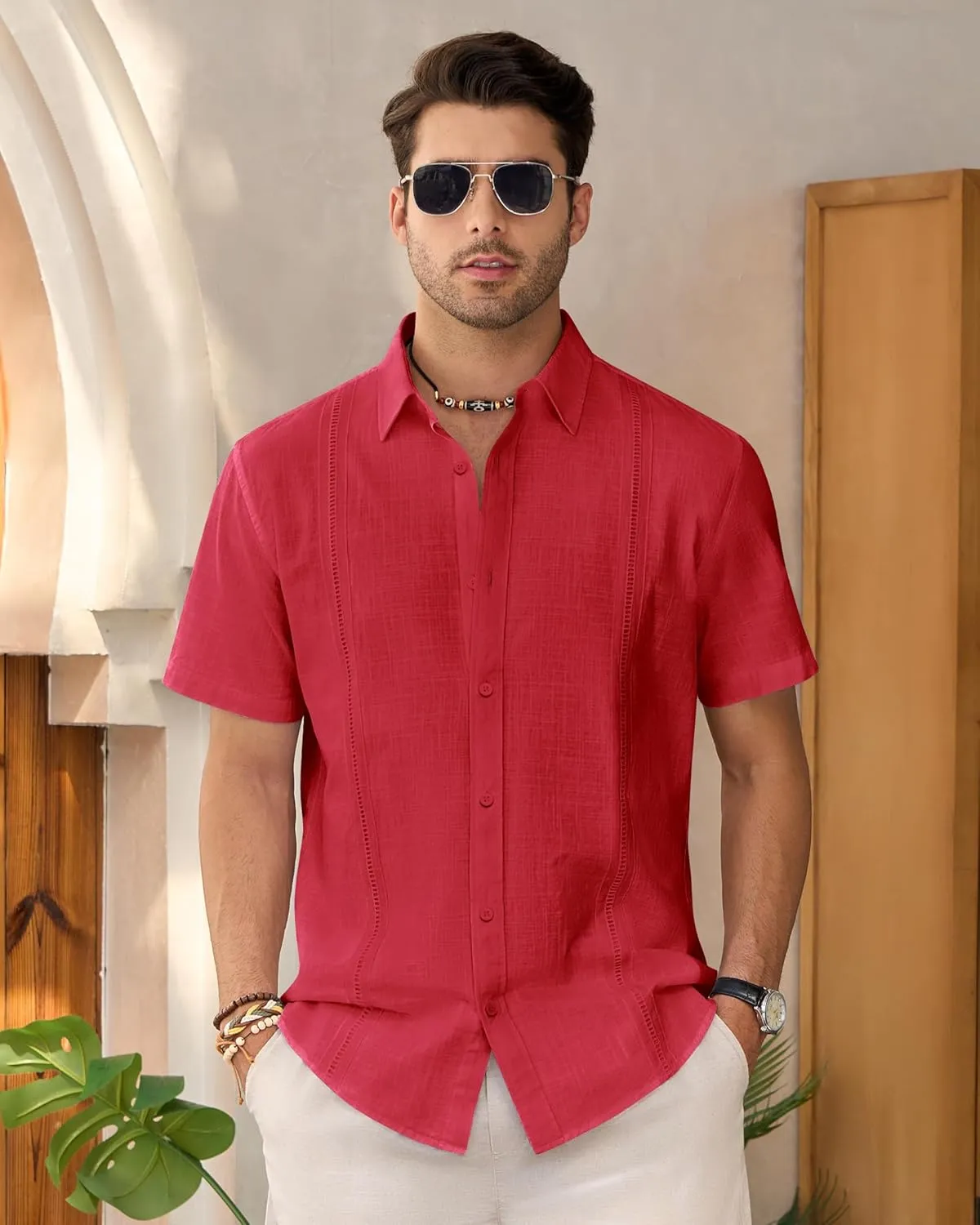 Mens Linen Shirts Short Sleeve Button Down Shirt Casual Cuban Guayabera Lightweight Summer Beach Solid Tops