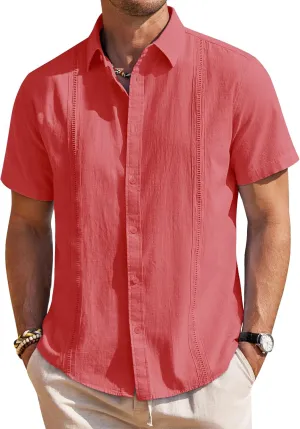 Mens Linen Shirts Short Sleeve Button Down Shirt Casual Cuban Guayabera Lightweight Summer Beach Solid Tops