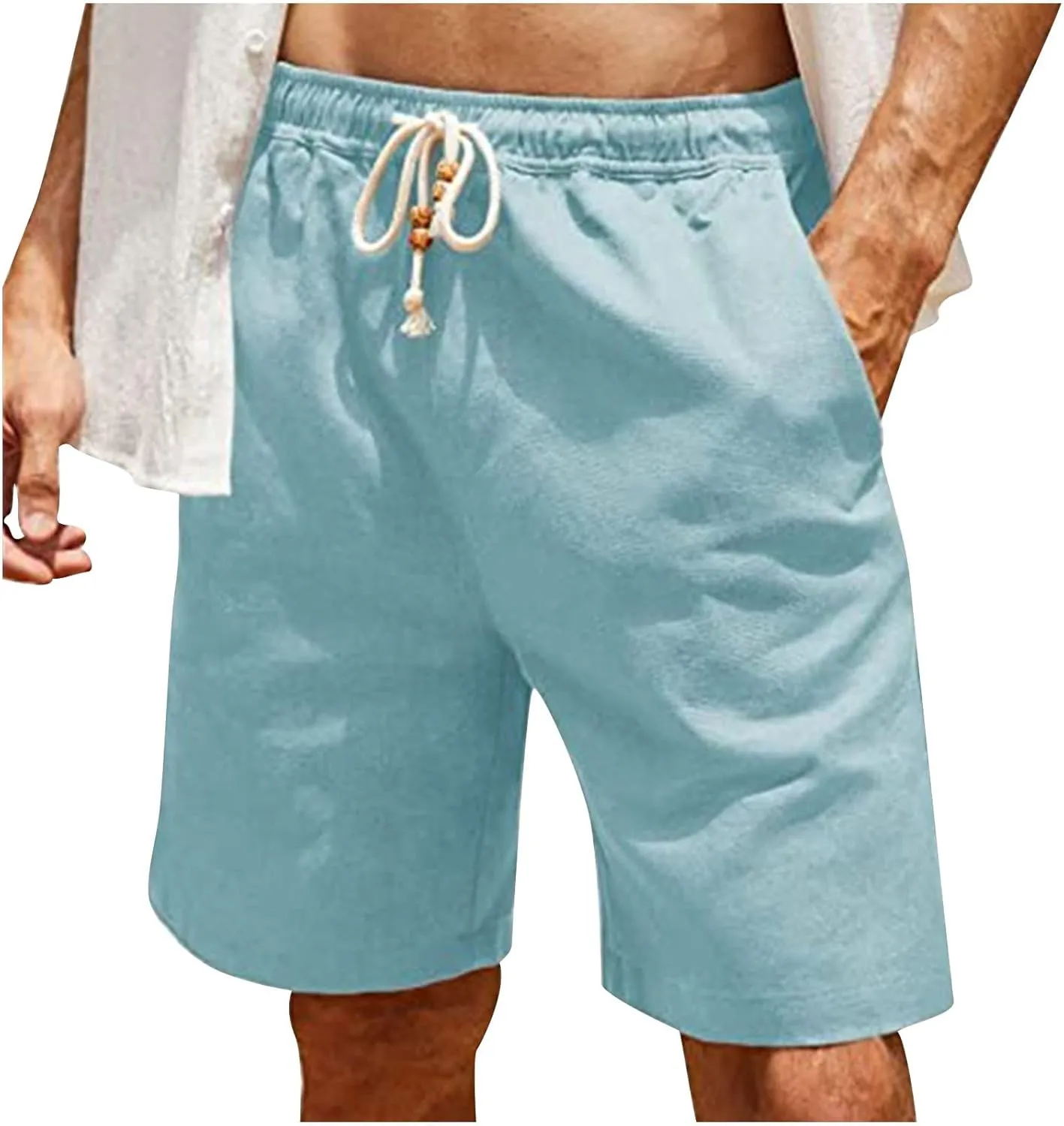 Men's Linen Shorts Loose Fit Summer Beach Shorts Elastic Waist Drawstring Casual Shorts Big and Tall Short Pants