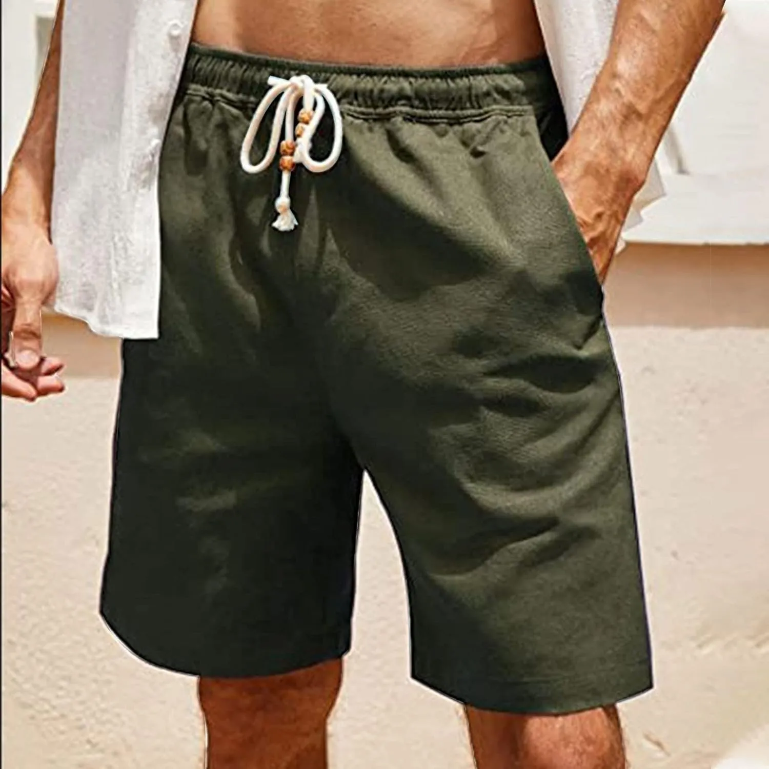 Men's Linen Shorts Loose Fit Summer Beach Shorts Elastic Waist Drawstring Casual Shorts Big and Tall Short Pants