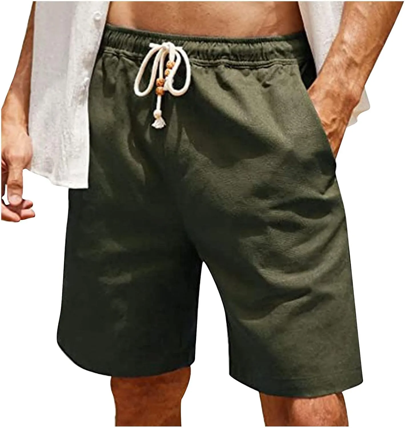 Men's Linen Shorts Loose Fit Summer Beach Shorts Elastic Waist Drawstring Casual Shorts Big and Tall Short Pants