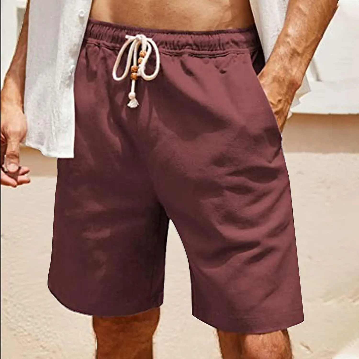 Men's Linen Shorts Loose Fit Summer Beach Shorts Elastic Waist Drawstring Casual Shorts Big and Tall Short Pants