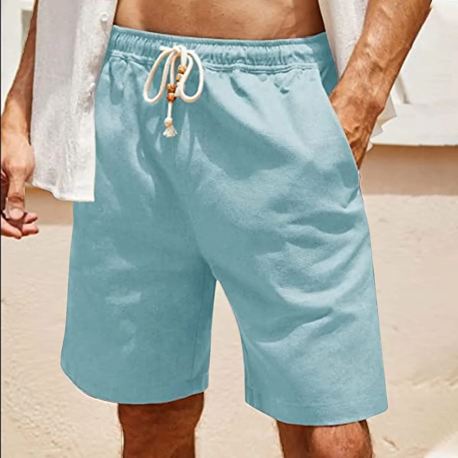 Men's Linen Shorts Loose Fit Summer Beach Shorts Elastic Waist Drawstring Casual Shorts Big and Tall Short Pants