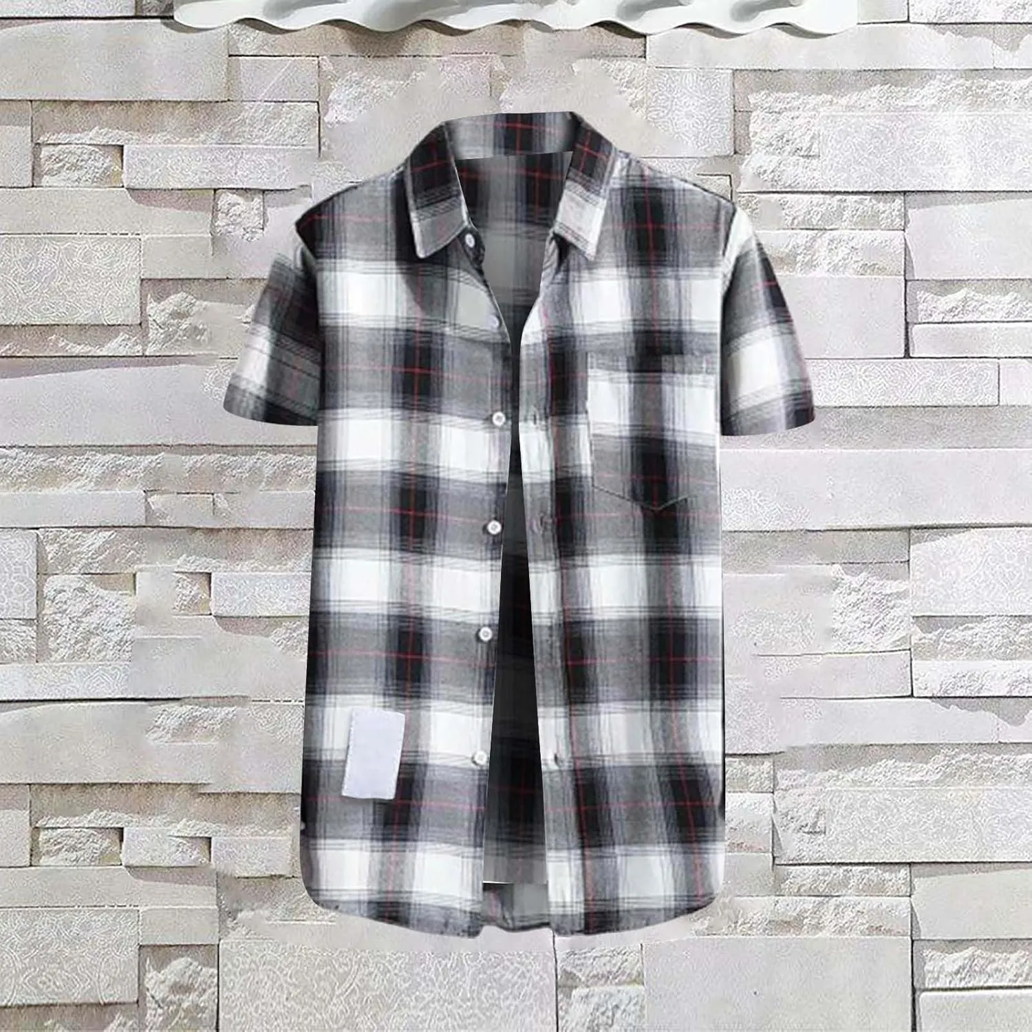 Mens Plaid Shirt Short Sleeve Button Down Lapel Collar Tops Casual Lightweight Summer Checkered Shirt with Pocket