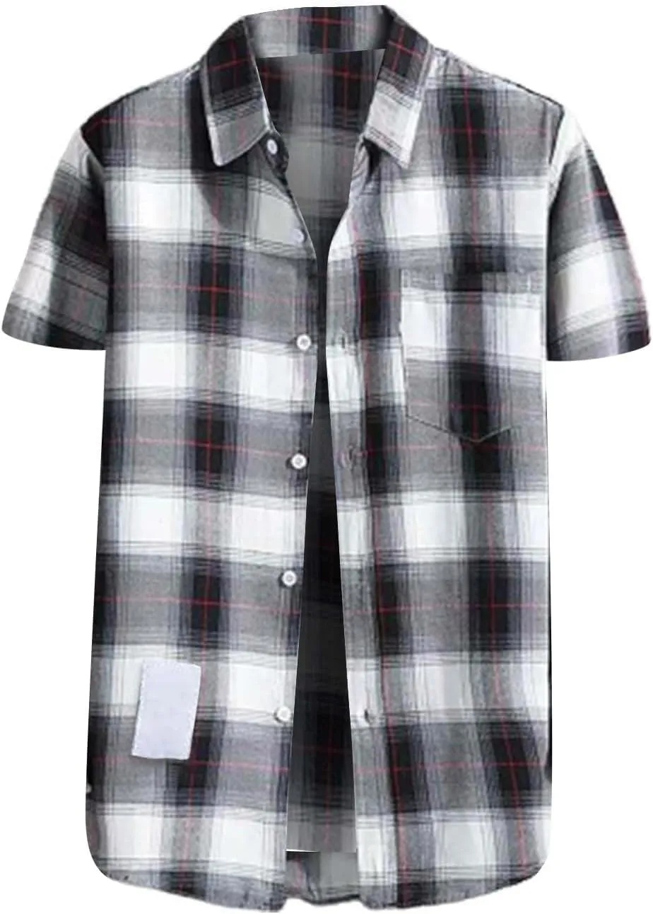 Mens Plaid Shirt Short Sleeve Button Down Lapel Collar Tops Casual Lightweight Summer Checkered Shirt with Pocket