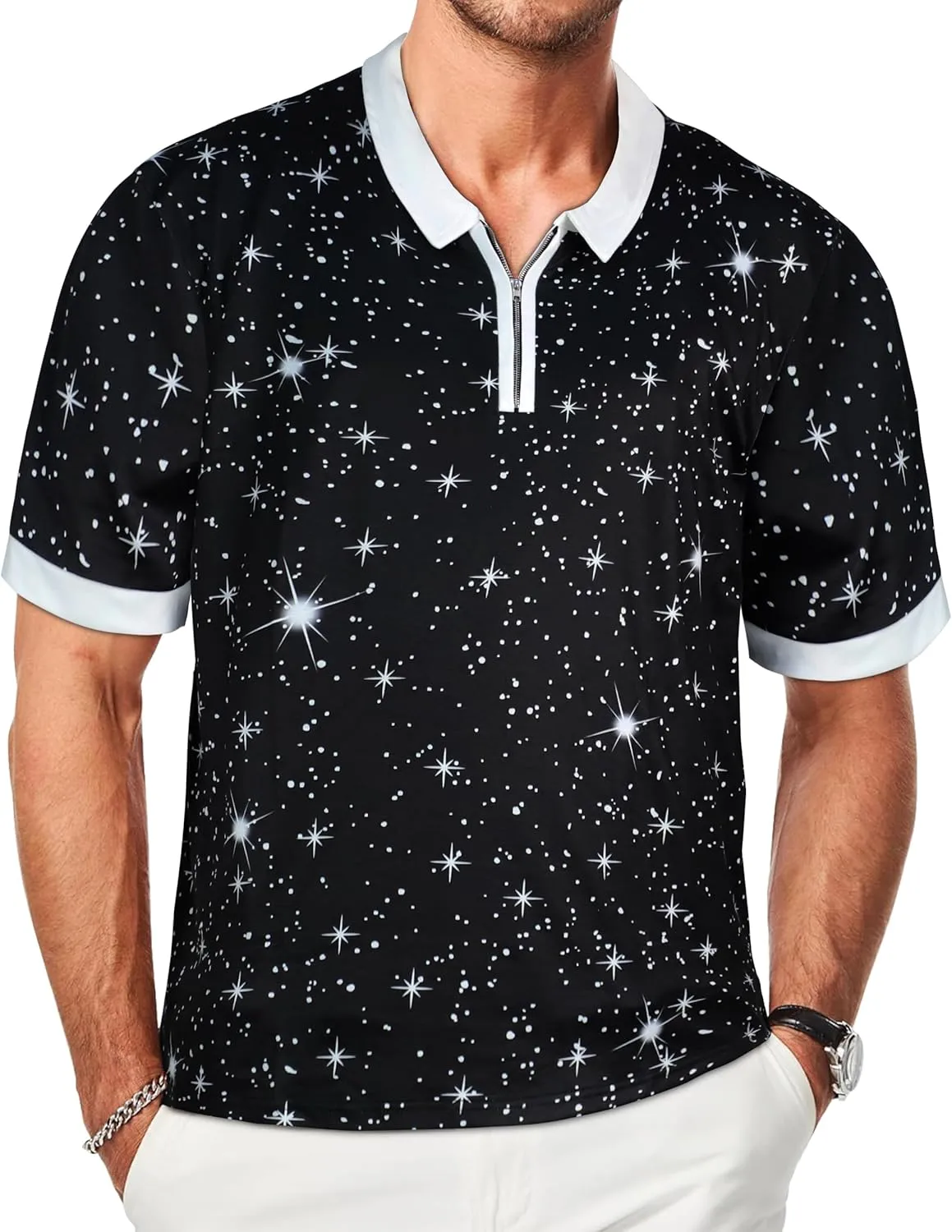 Mens Polo Shirts Short Sleeve Zipper T Shirt Casual Slim Fit Golf Tops