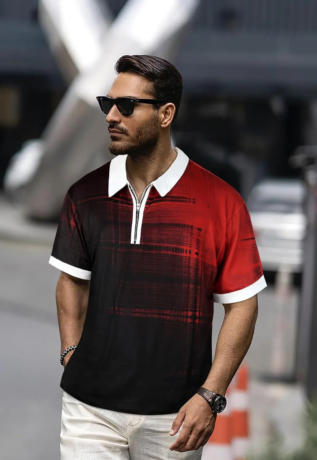Mens Polo Shirts Short Sleeve Zipper T Shirt Casual Slim Fit Golf Tops