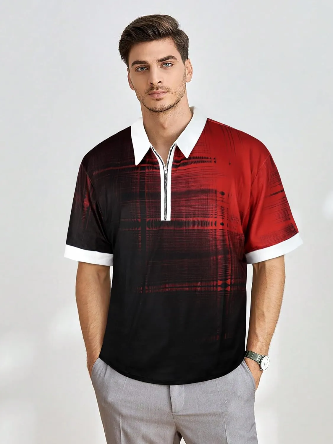 Mens Polo Shirts Short Sleeve Zipper T Shirt Casual Slim Fit Golf Tops