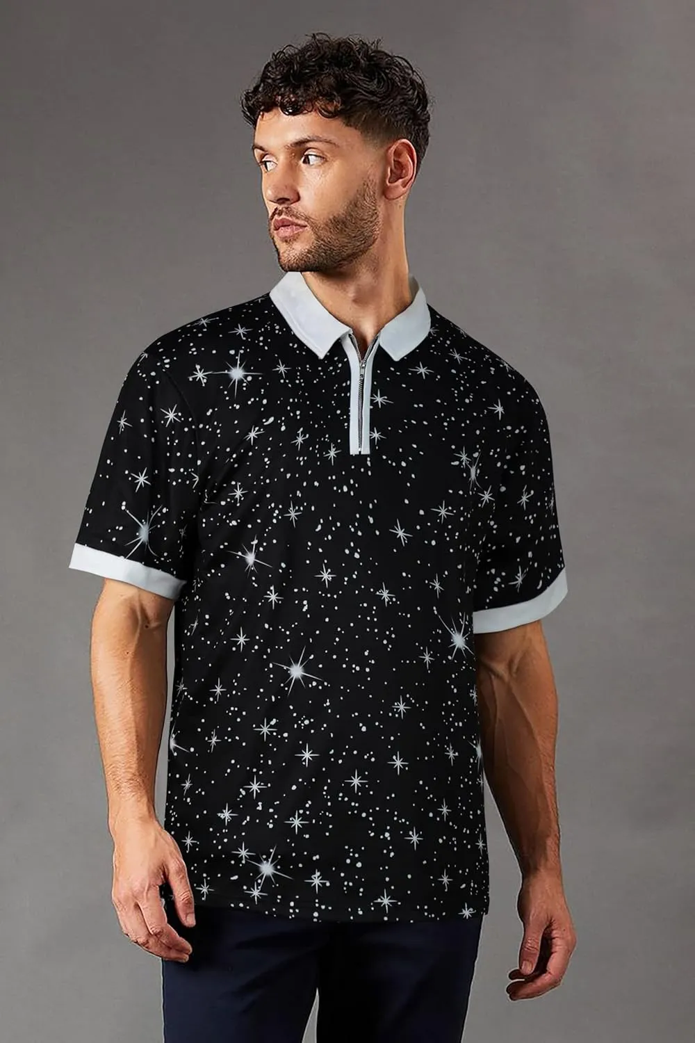 Mens Polo Shirts Short Sleeve Zipper T Shirt Casual Slim Fit Golf Tops