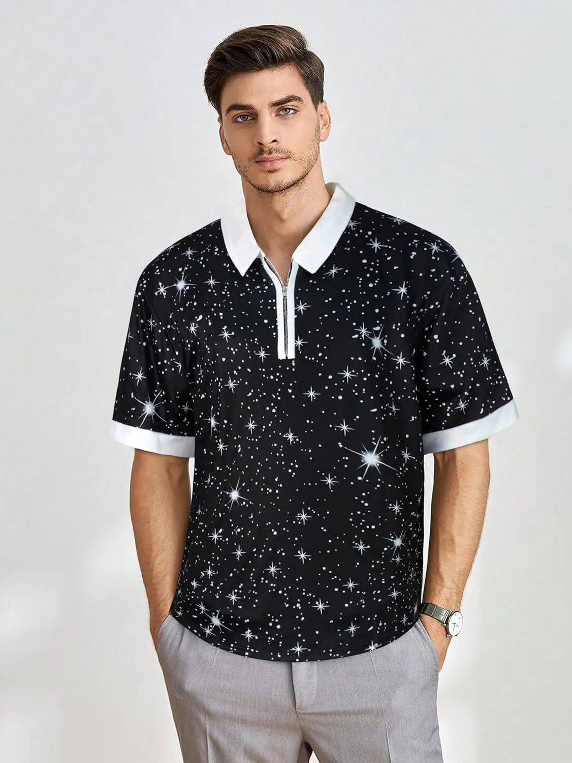 Mens Polo Shirts Short Sleeve Zipper T Shirt Casual Slim Fit Golf Tops