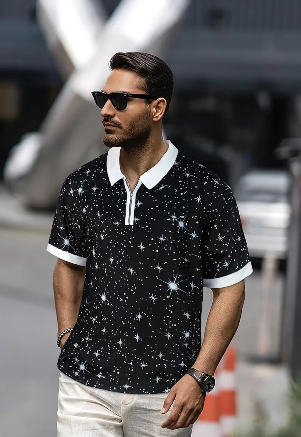 Mens Polo Shirts Short Sleeve Zipper T Shirt Casual Slim Fit Golf Tops