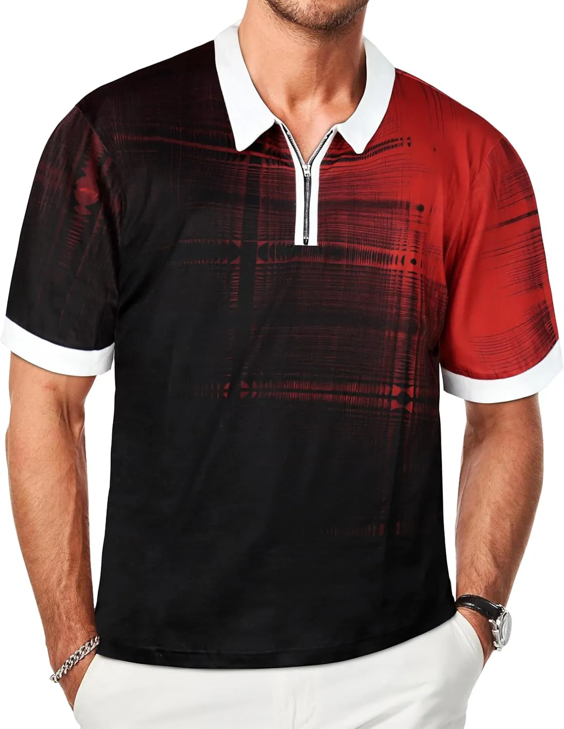 Mens Polo Shirts Short Sleeve Zipper T Shirt Casual Slim Fit Golf Tops