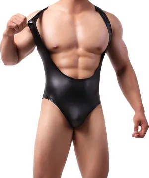 Men's PU Leather Sexy Breast Exposed 1 PC Underwear Vest Black Leather Nightclub Style Mens Pouch G String
