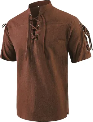 Mens Renaissance Costume Beach Shirts Short Sleeve Lace-up Viking Pirate T-Shirts V Neck Hippie Yoga Tops