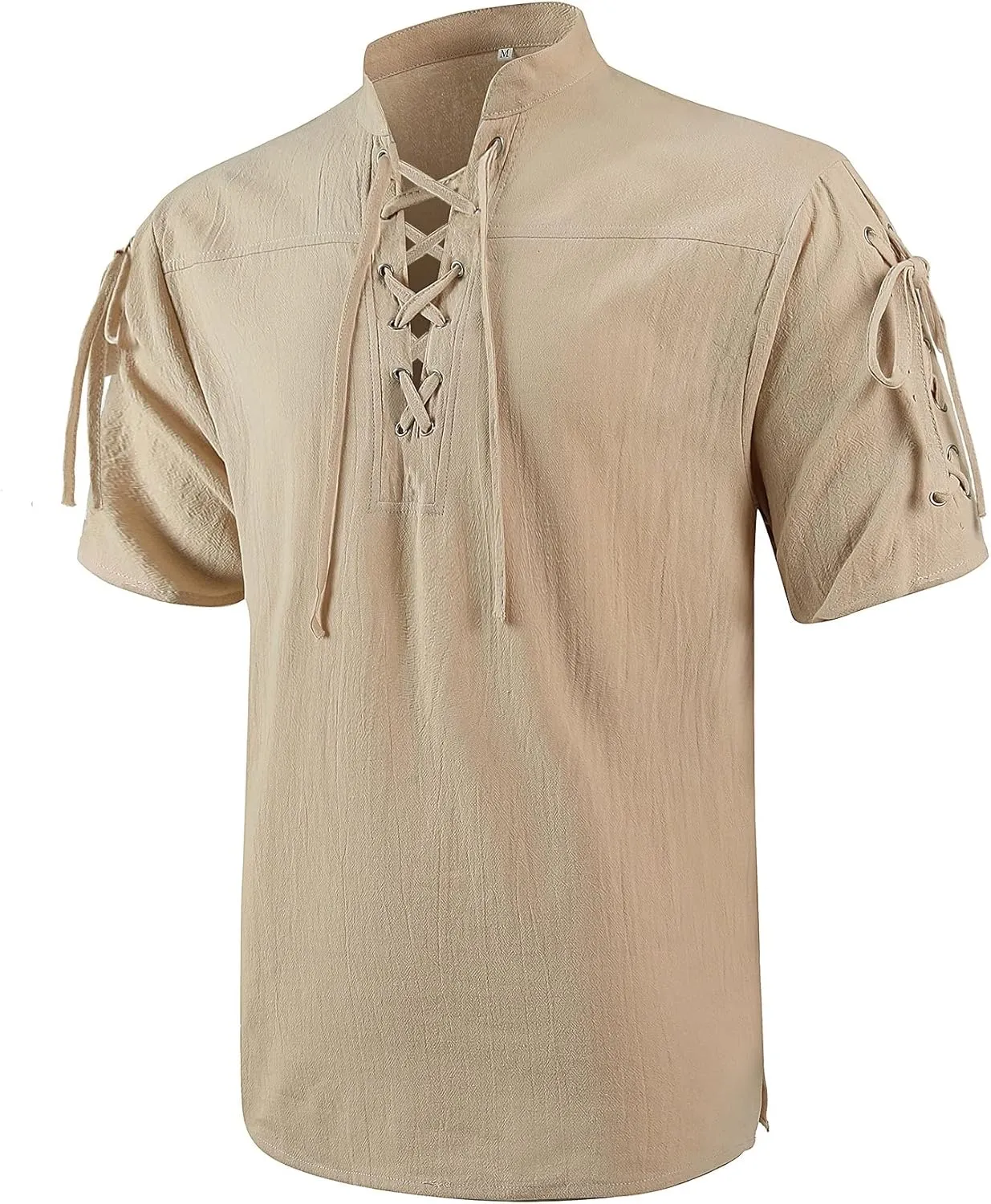 Mens Renaissance Costume Beach Shirts Short Sleeve Lace-up Viking Pirate T-Shirts V Neck Hippie Yoga Tops