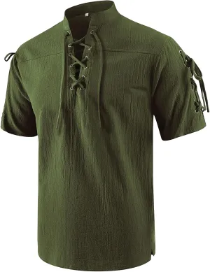 Mens Renaissance Costume Beach Shirts Short Sleeve Lace-up Viking Pirate T-Shirts V Neck Hippie Yoga Tops
