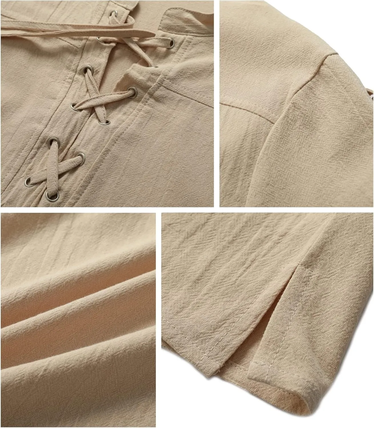 Mens Renaissance Costume Beach Shirts Short Sleeve Lace-up Viking Pirate T-Shirts V Neck Hippie Yoga Tops