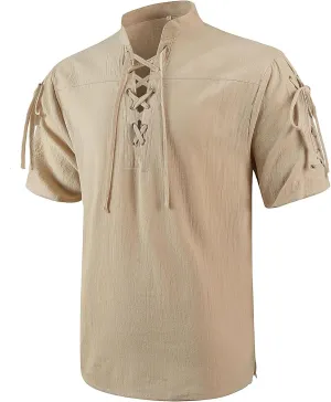 Mens Renaissance Costume Beach Shirts Short Sleeve Lace-up Viking Pirate T-Shirts V Neck Hippie Yoga Tops