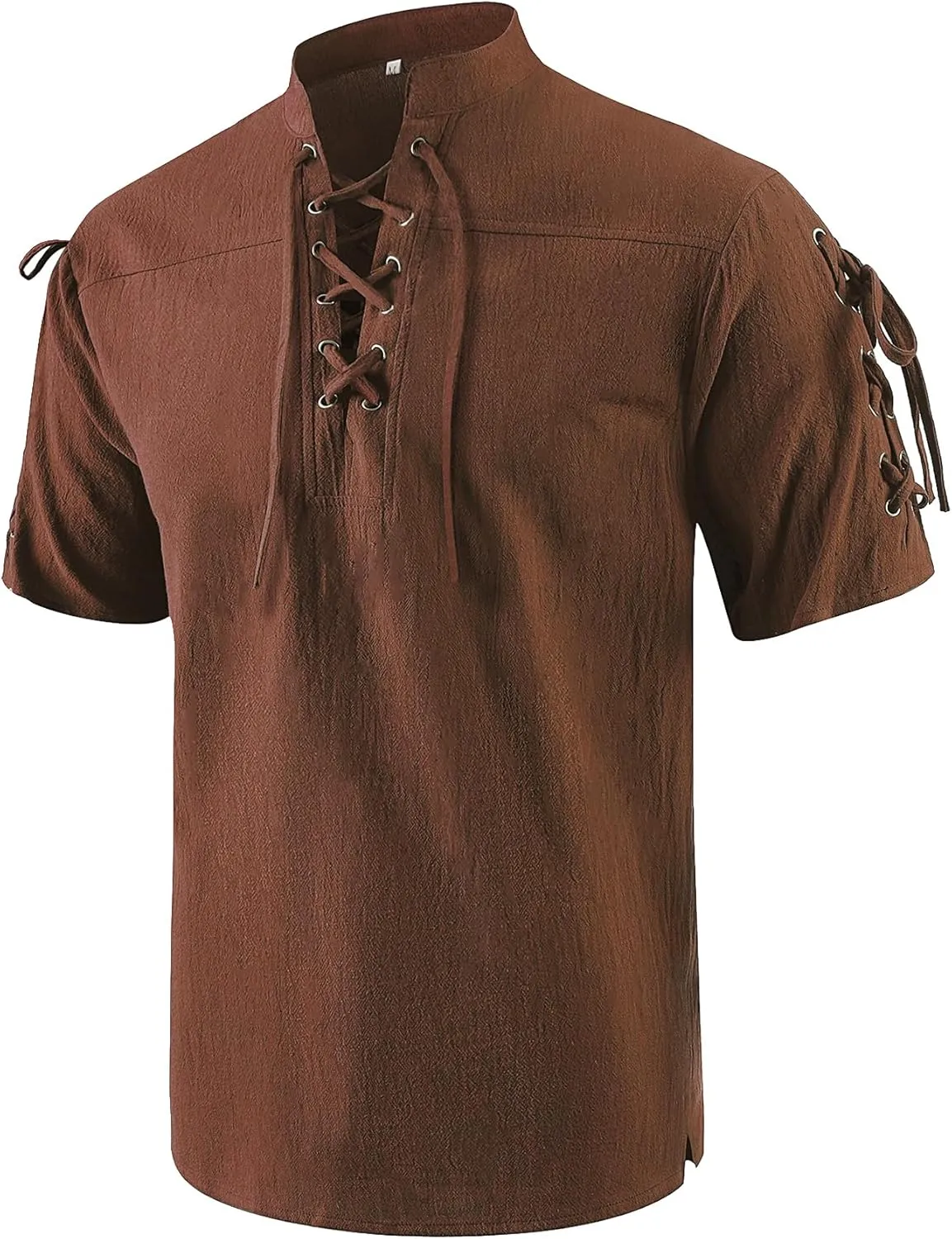Mens Renaissance Costume Beach Shirts Short Sleeve Lace-up Viking Pirate T-Shirts V Neck Hippie Yoga Tops