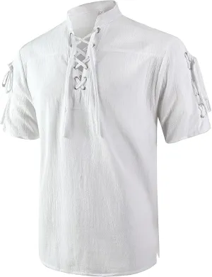 Mens Renaissance Costume Beach Shirts Short Sleeve Lace-up Viking Pirate T-Shirts V Neck Hippie Yoga Tops